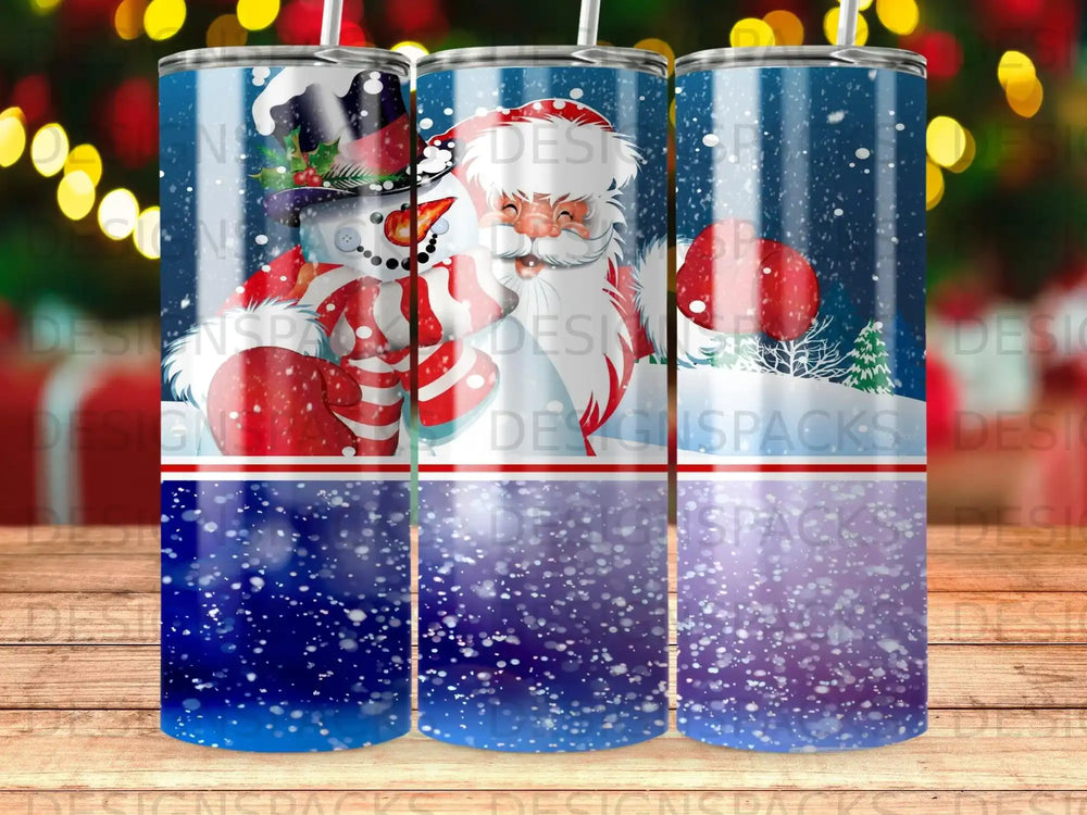 Santa and snowman on a blue background with falling snow and bokeh lights.