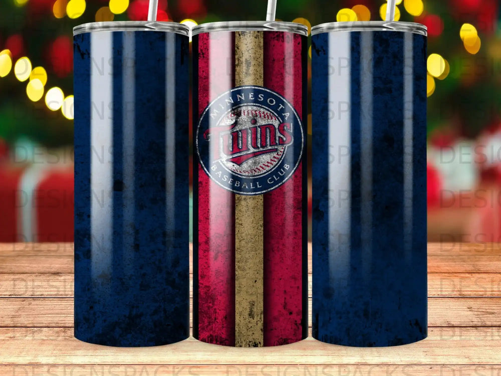 Minnesota Twins baseball club logo on a distressed, blue tumbler cup.