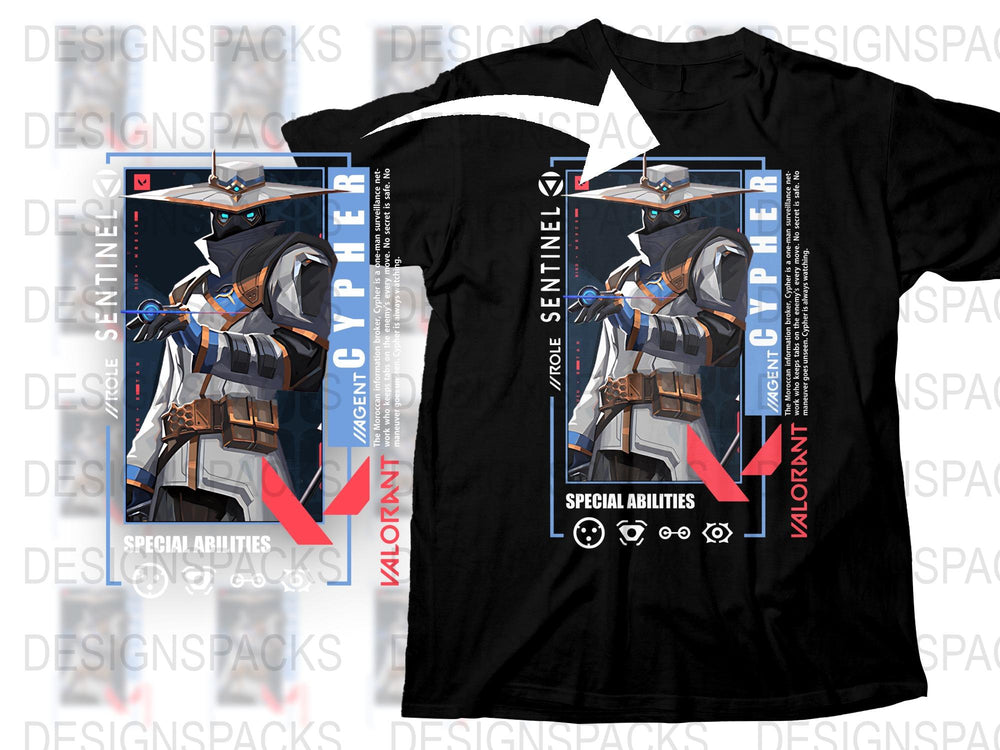 Valorant Cypher Sentinel Agent Graphic T-Shirt, Gaming Apparel, Unique Character Design, Cotton Tee, Special Abilities Icons
