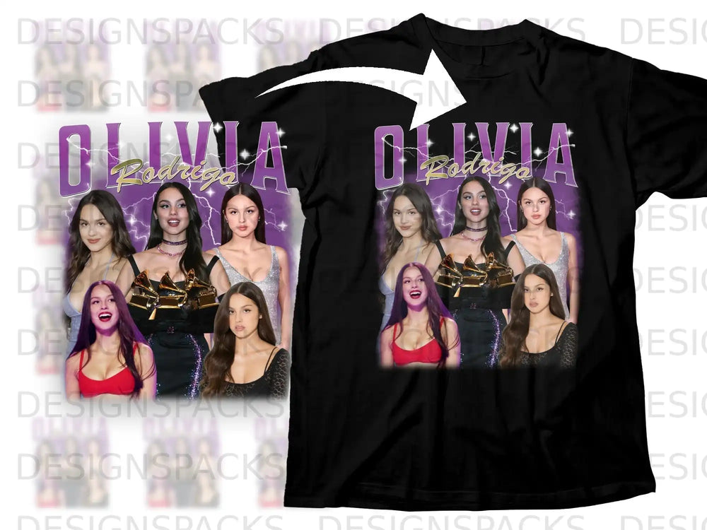 Black t-shirt featuring Olivia Rodrigo with album art montage.