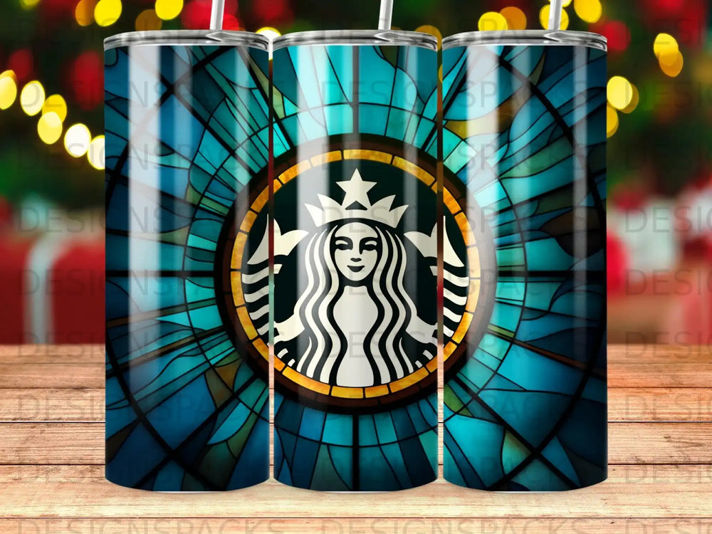 Starbucks logo on a blue stained-glass patterned tumbler.
