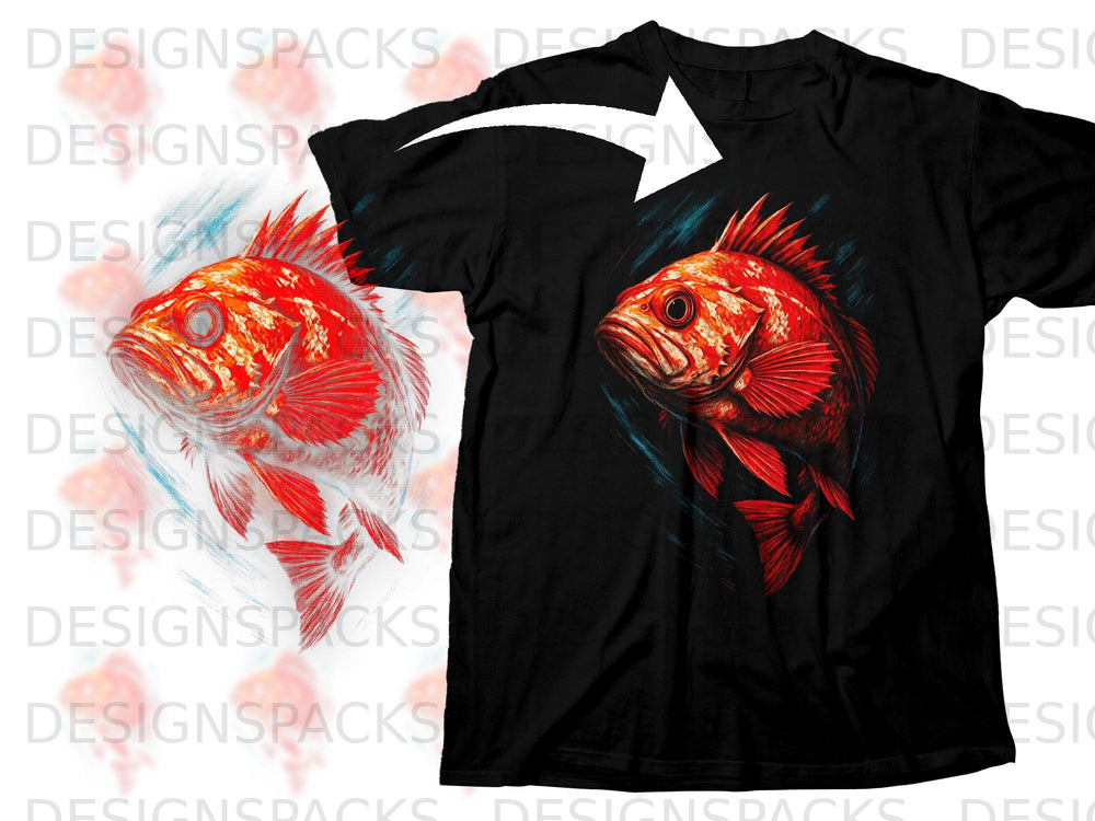 Black t-shirt featuring a graphic of a detailed red fish with a white arrow.