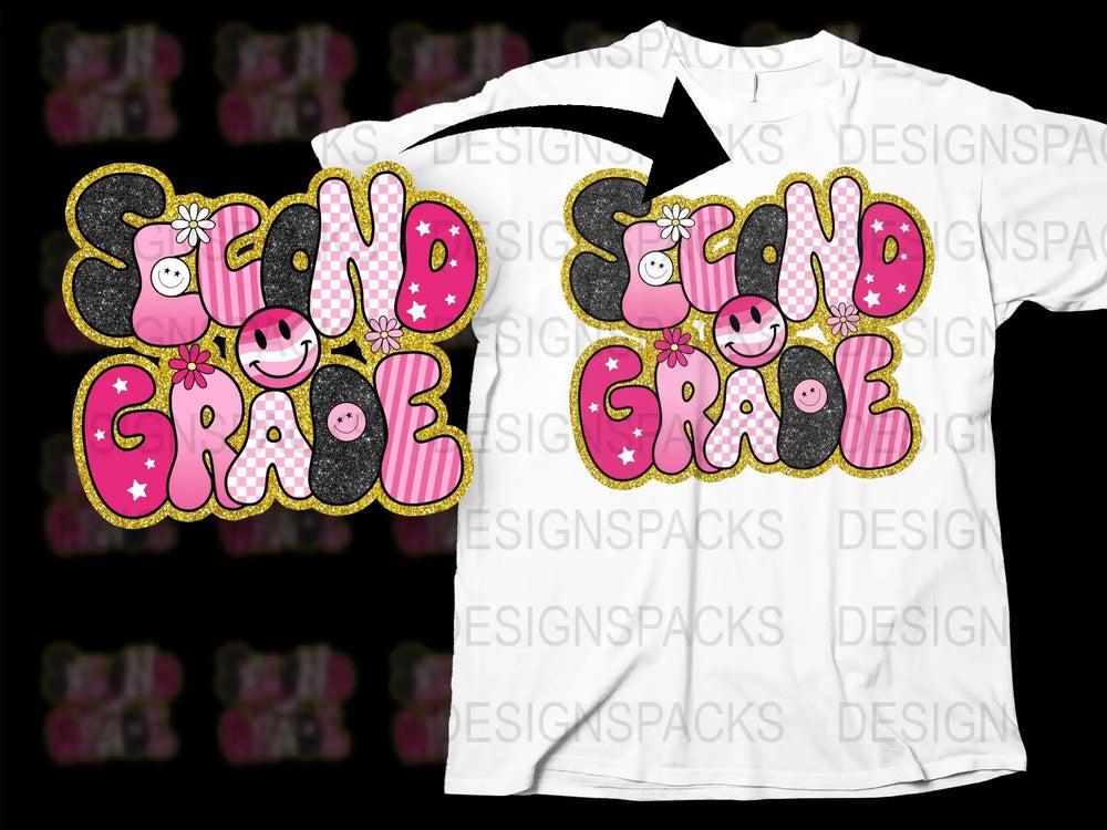 Second Grade t-shirt design with pink, black, and gold glitter text, smiley faces, and flowers