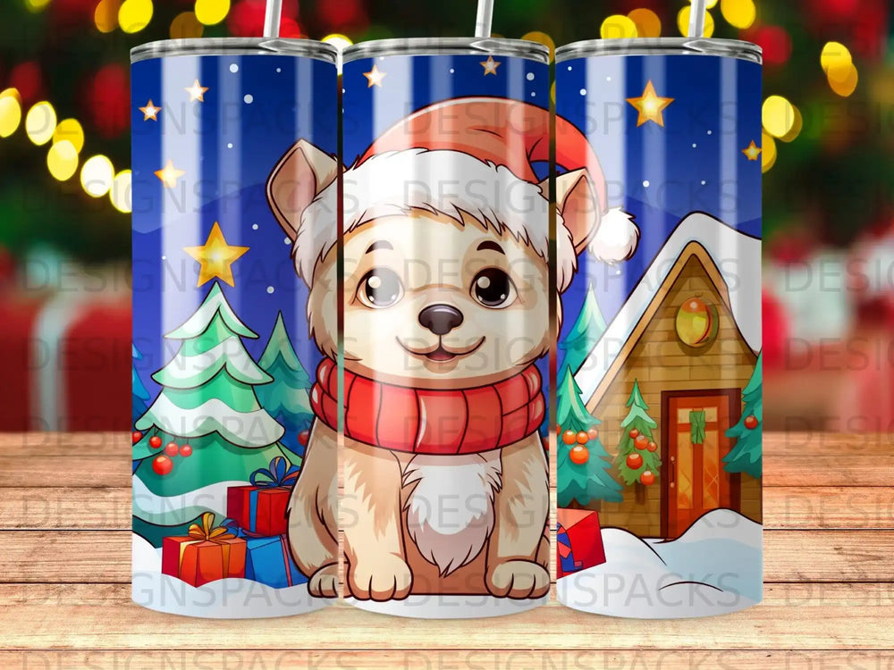 Festive cartoon dog wearing Santa hat and scarf, surrounded by presents and a snowy cottage.