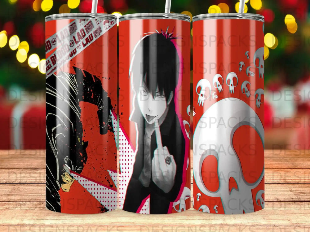 Blood Lad anime character flipping off middle finger with skulls and red accents.