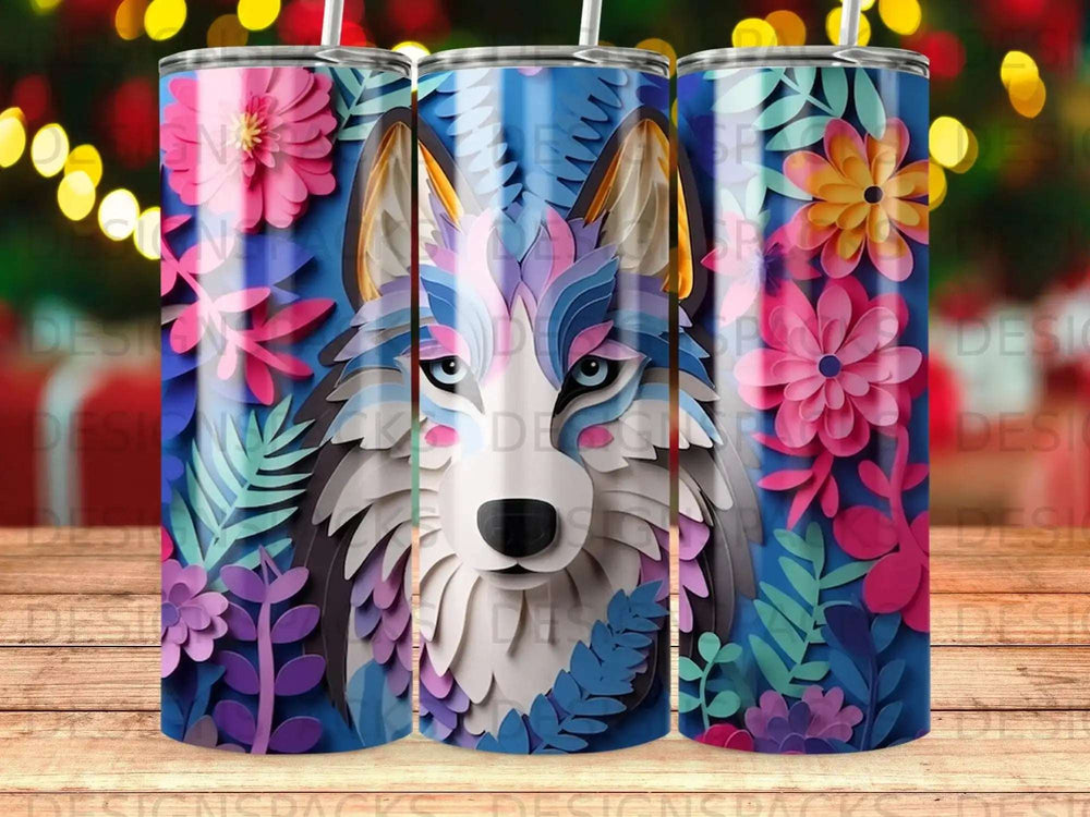Paper cutout-style wolf with floral accents on a tumbler.