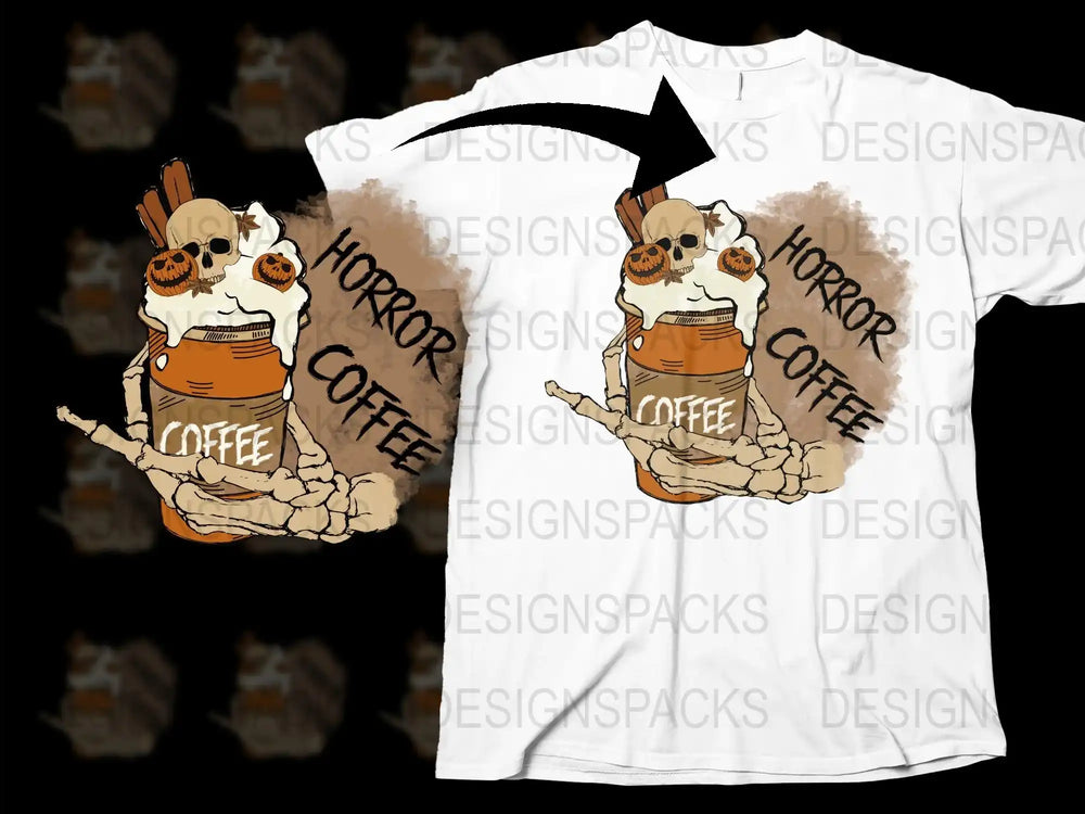 Horror Coffee T-Shirt, Spooky Halloween Graphic Tee, Pumpkin Skull Latte Design, Casual Fall Wear