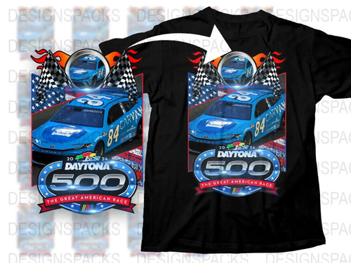 Blue race car #84 Daytona 500 design on black t-shirt with checkered flags and American theme