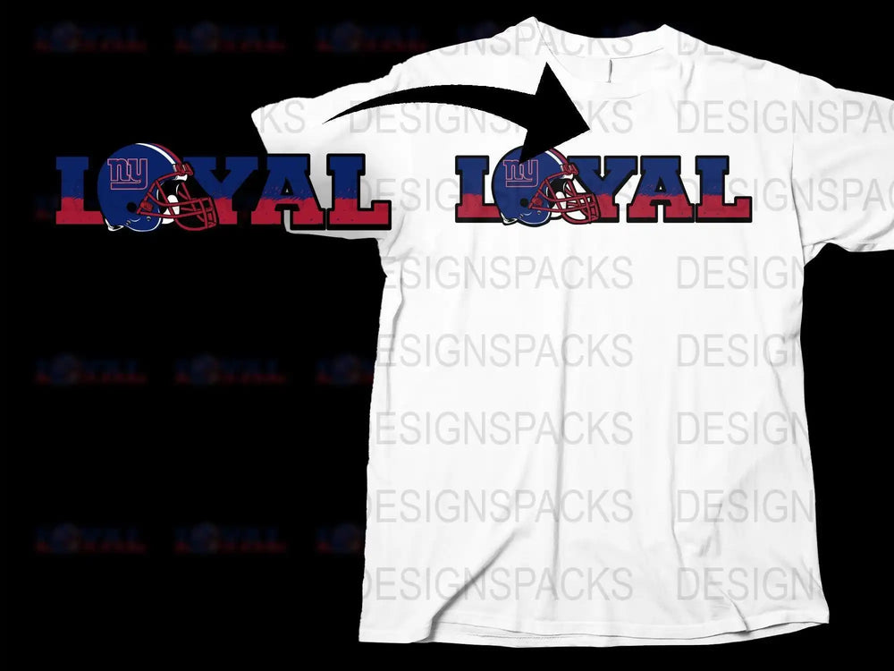 White t-shirt with 'LOYAL' text and NY football helmet design, print-ready for DTF/DTG