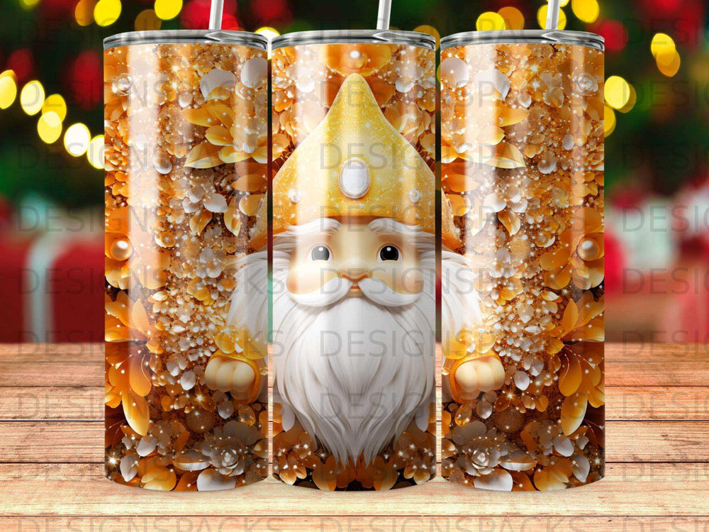 Santa Claus character in festive patterned tumbler design.