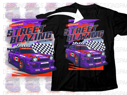 Street Blazing supercar racing design on black t-shirt with purple race car and checkered flags