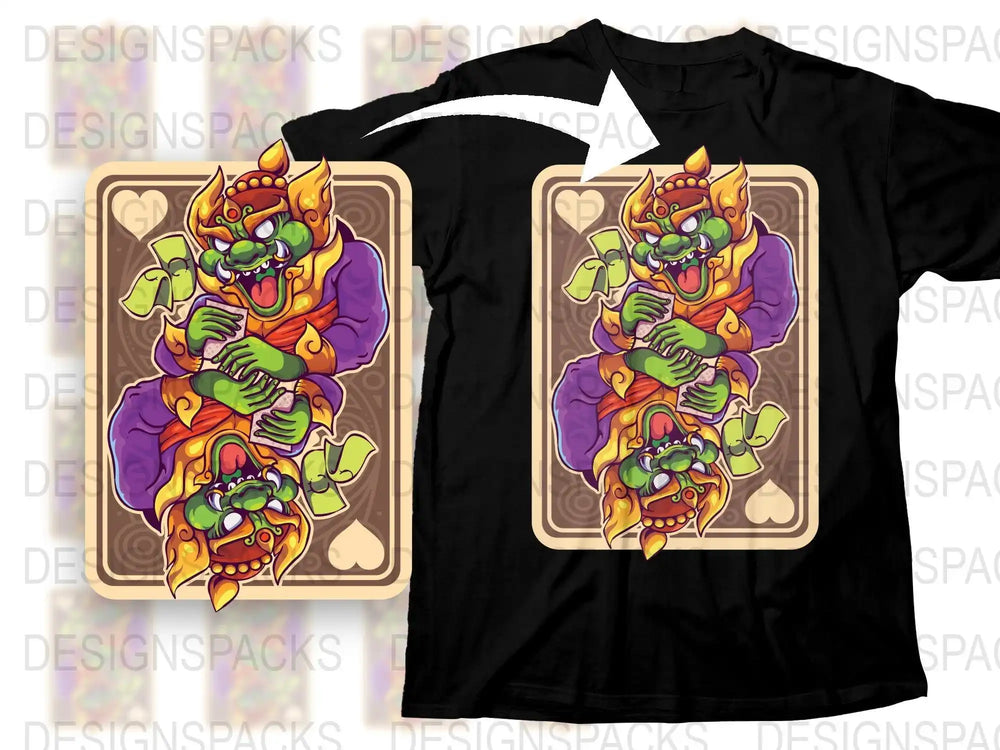 Vibrant green demon playing cards design on black t-shirt, print-ready PNG for DTF DTG