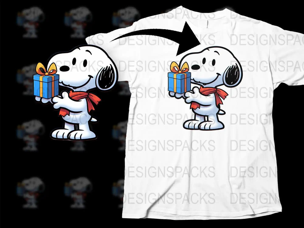 Snoopy holding gift box design on white t-shirt, perfect for DTF/DTG printing