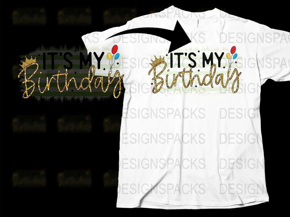 White Birthday T-Shirt Gold Glitter Text Balloon Graphics Unisex Party Wear