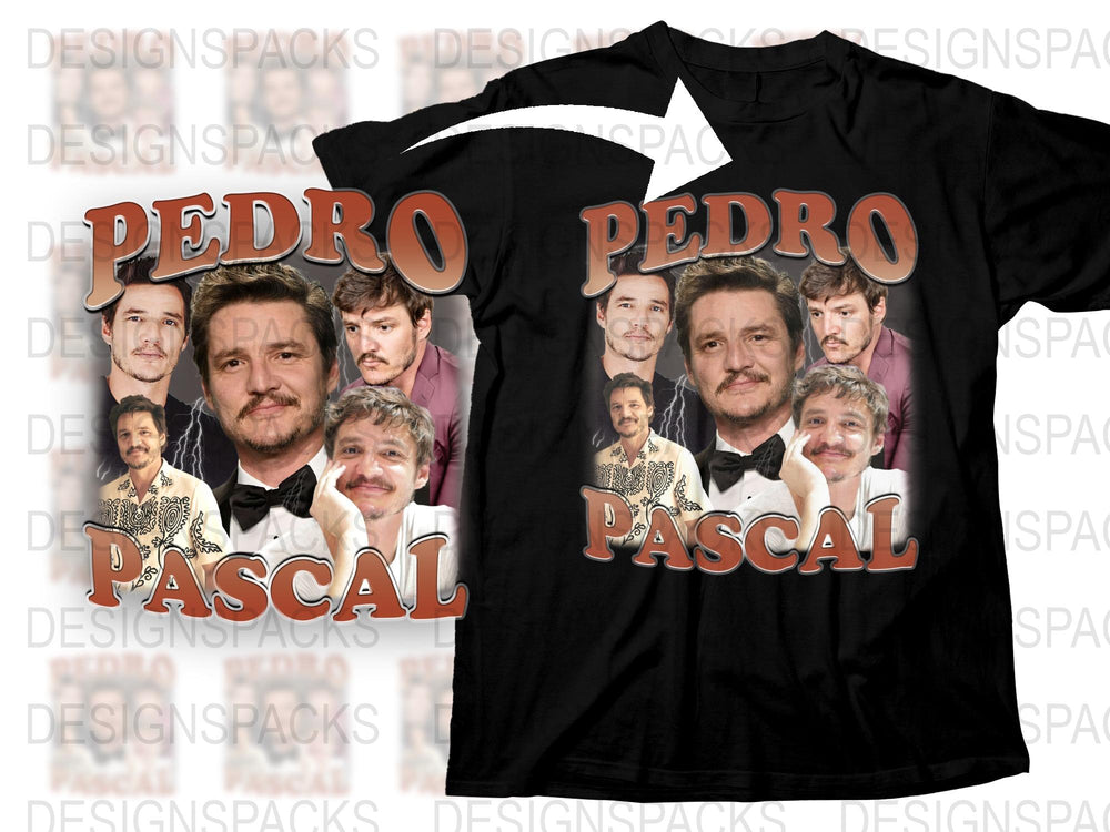 Pedro Pascal Fan T-Shirt, Actor Collage Graphic Tee, Unisex Black Cotton Shirt, TV Star Apparel