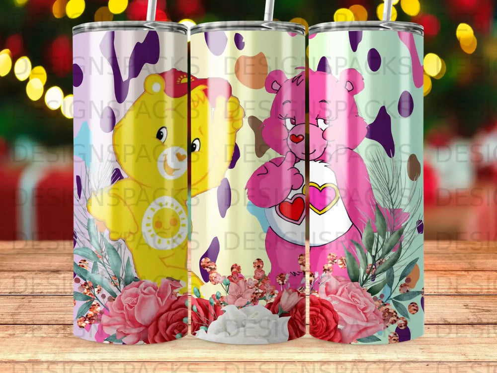 Pink and yellow Care Bear characters with floral accents on tumblers.