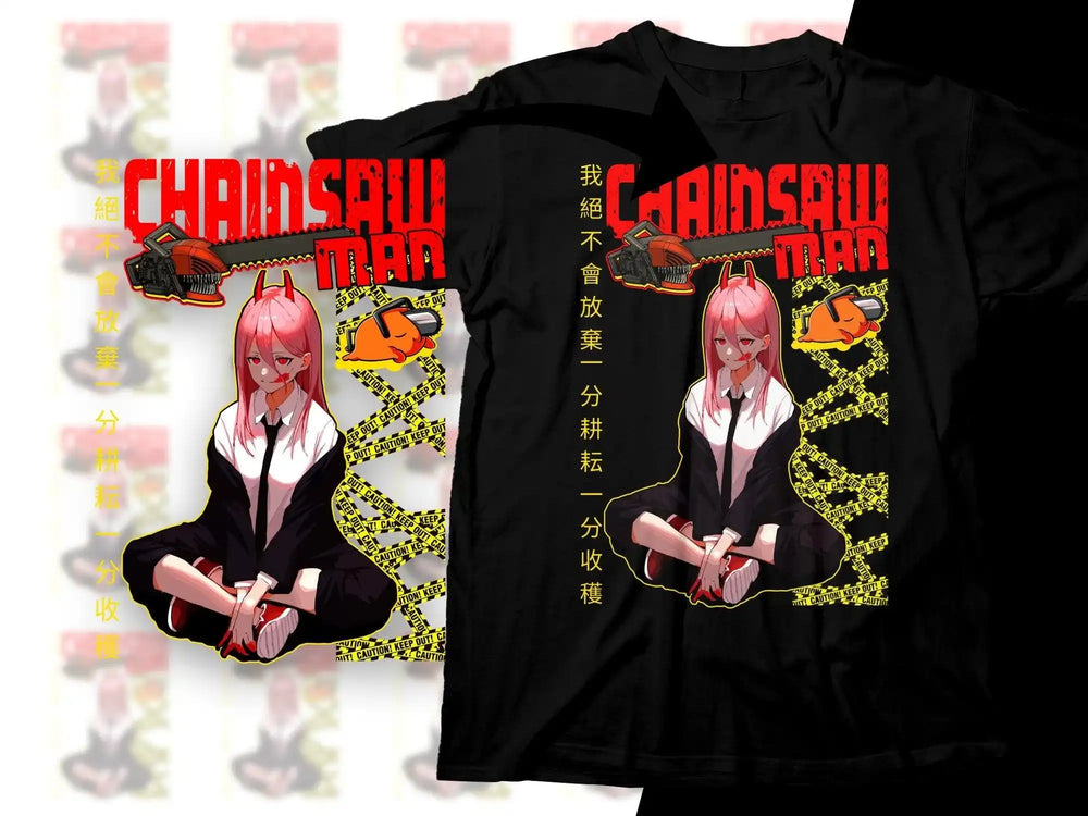 Chainsaw Man anime t-shirt design with pink-haired character, chainsaw, and caution tape graphic