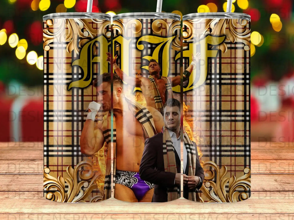 Wrestler Seth Rollins on a tumbler with plaid and ornate gold trim.