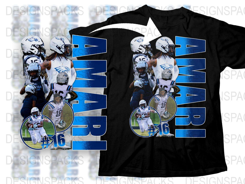 Amari Number 16 Football Player Graphic T-Shirt, Sports Fan Blue and White Tee