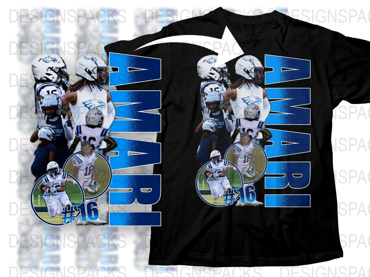 Amari Number 16 Football Player Graphic T-Shirt, Sports Fan Blue and White Tee