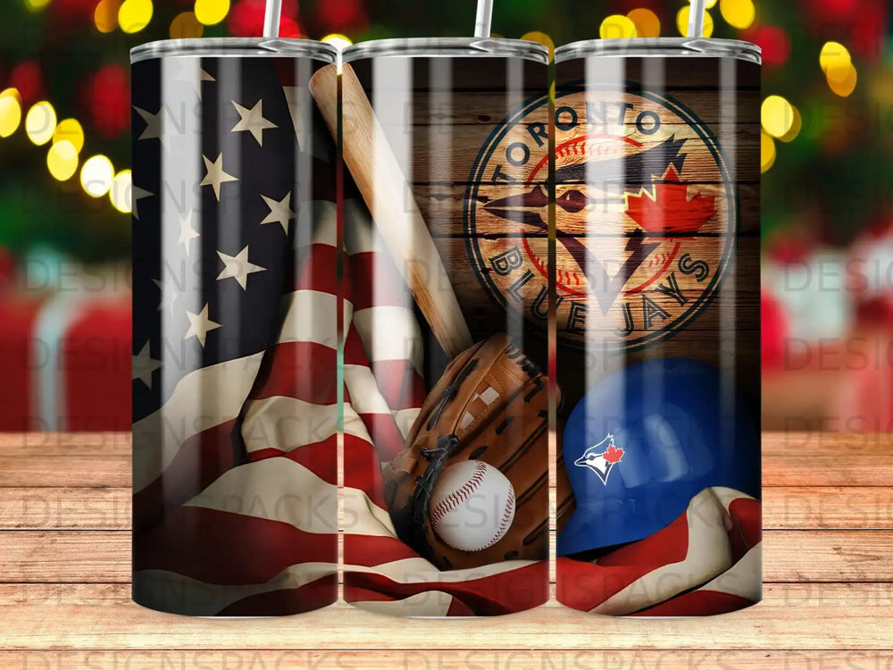 American flag, baseball glove, and Toronto Blue Jays helmet on wood.