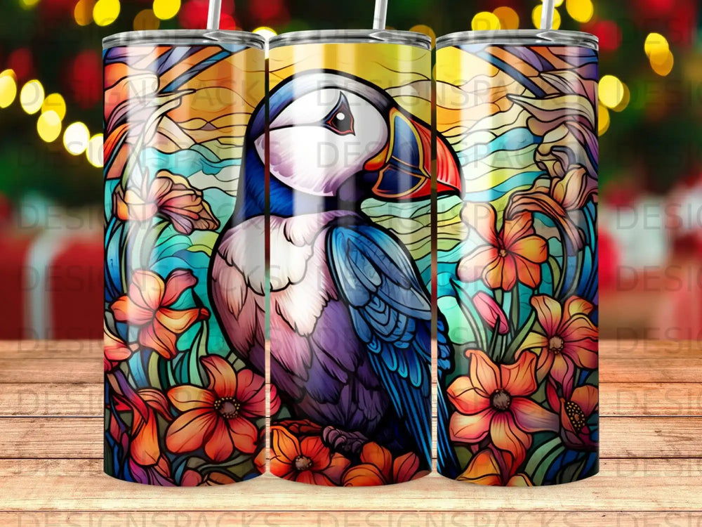 Stained glass puffin with colorful flowers and background.
