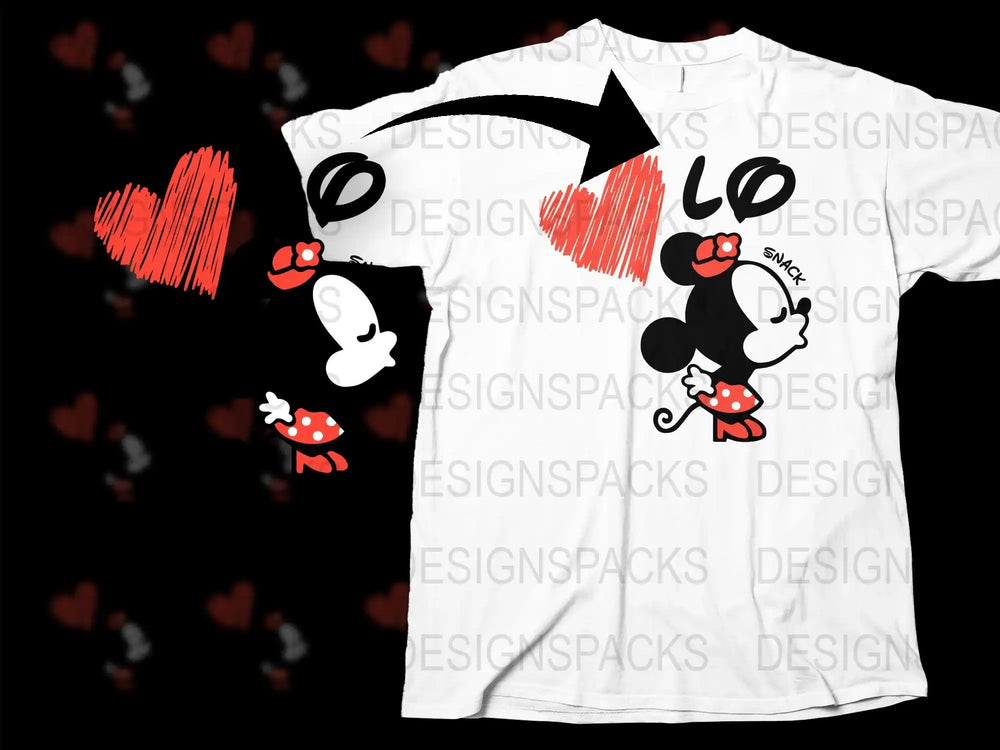 Minnie Mouse t-shirt design with red hearts and 'LOL SNACK' text, print-ready for DTG/DTF