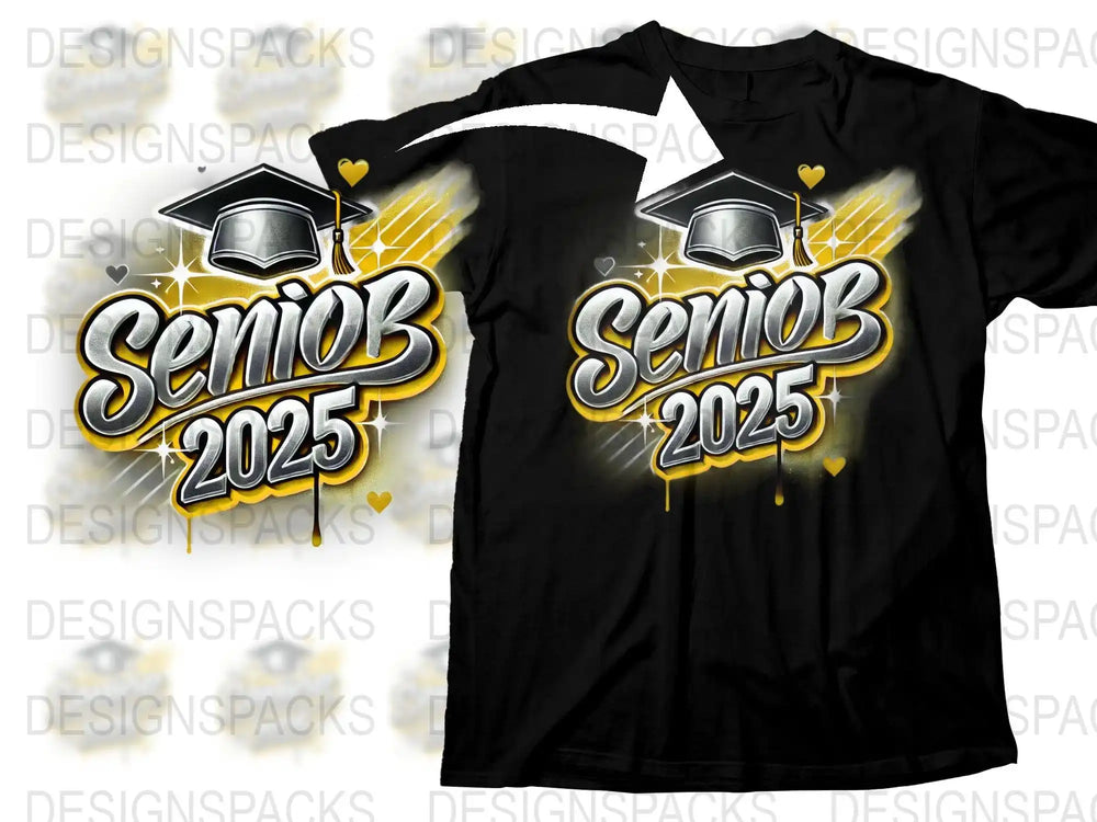 Senior 2025 graduation design on black t-shirt with gold accents and cap graphic