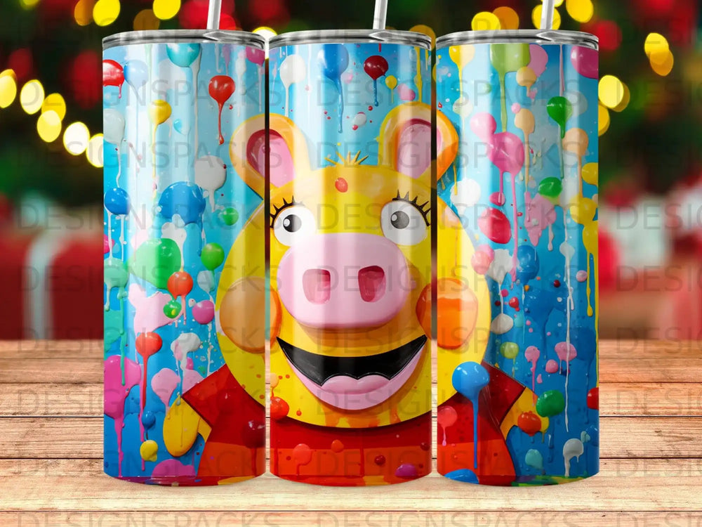 Happy yellow pig character with colorful paint splatters and balloons.