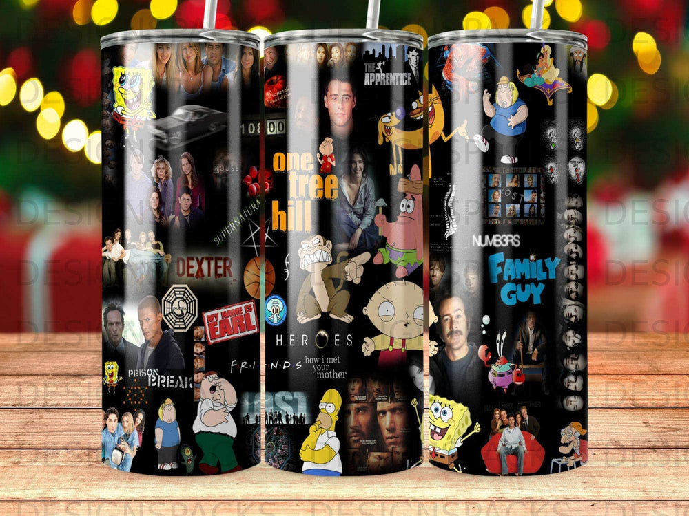 Tumbler featuring pop culture characters and TV show logos.
