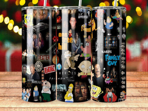 Tumbler featuring pop culture characters and TV show logos.