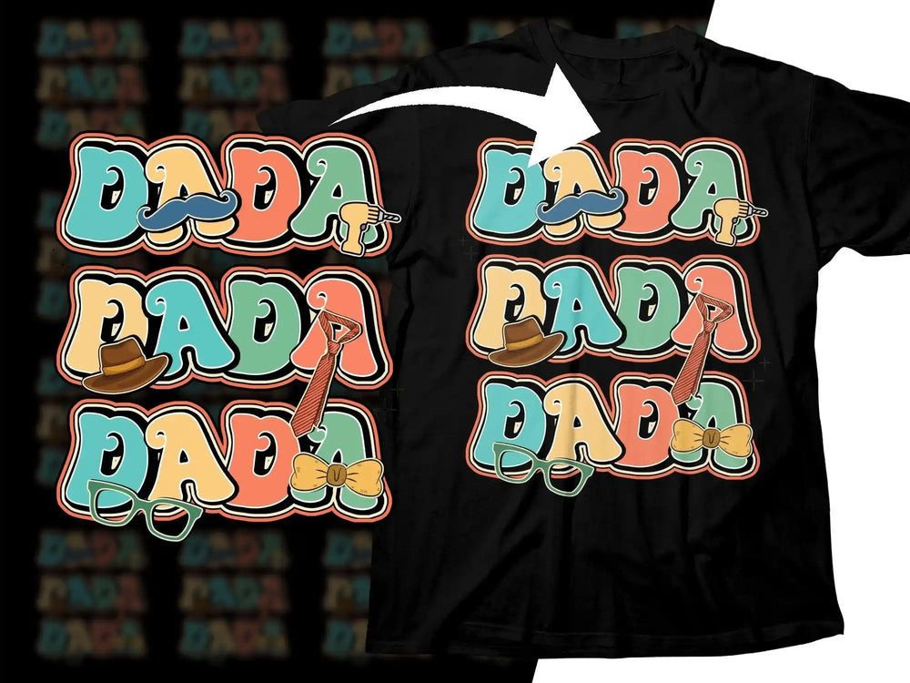Dada-themed t-shirt design with colorful text, mustache, hat, tie, and glasses for DTF/DTG printing