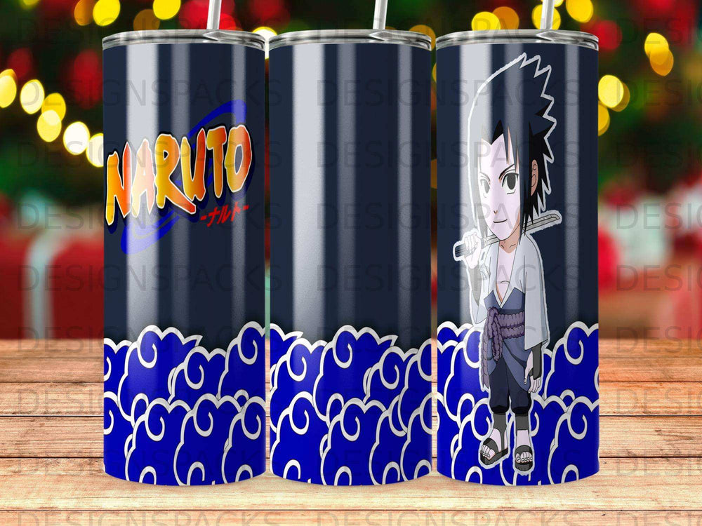 Naruto characters on blue swirling cloud pattern tumbler.