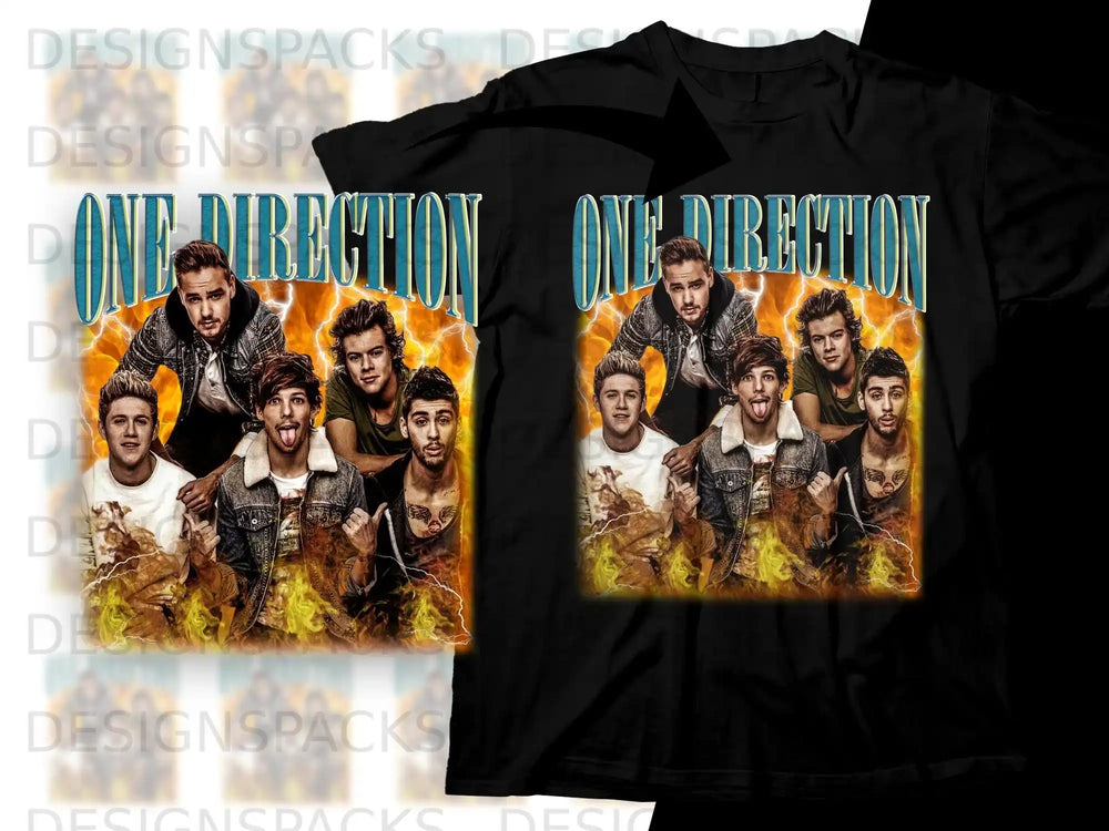 One Direction band members on a black t-shirt graphic.
