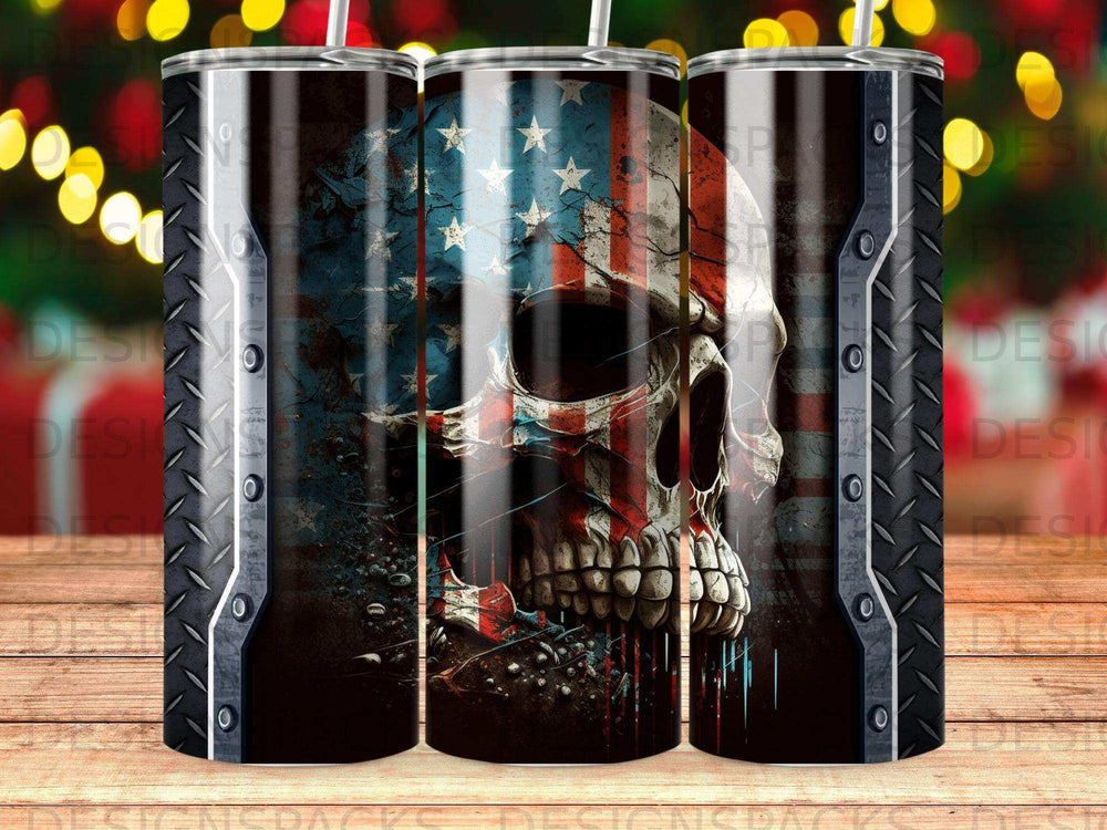 Skull with American flag pattern on distressed metal background.