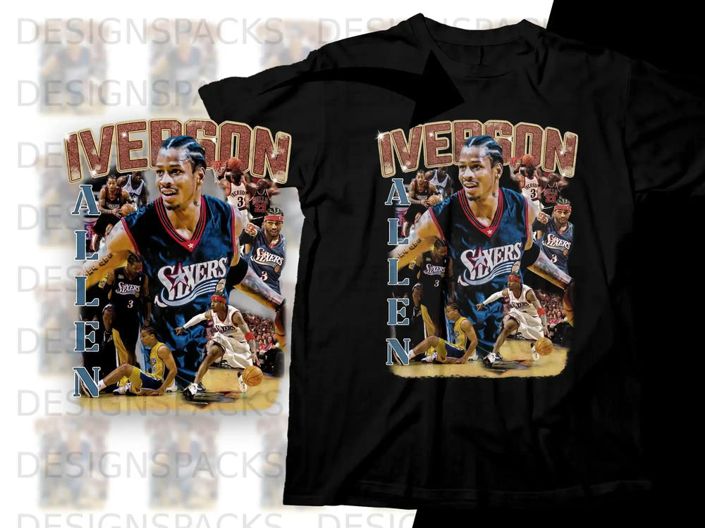 Allen Iverson Sixers basketball jersey on black t-shirt.