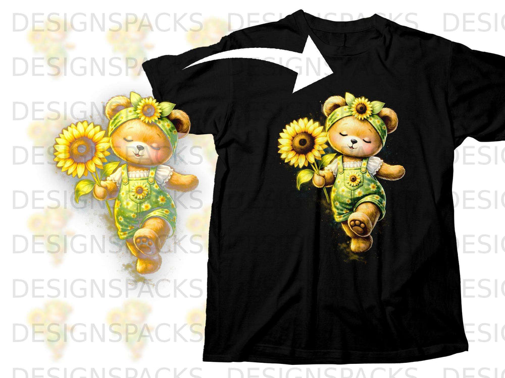 Black t-shirt with a watercolor-style teddy bear holding sunflowers.