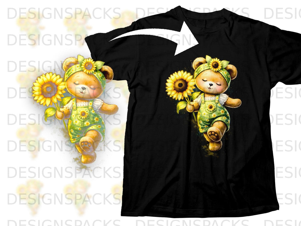 Black t-shirt with a watercolor-style teddy bear holding sunflowers.