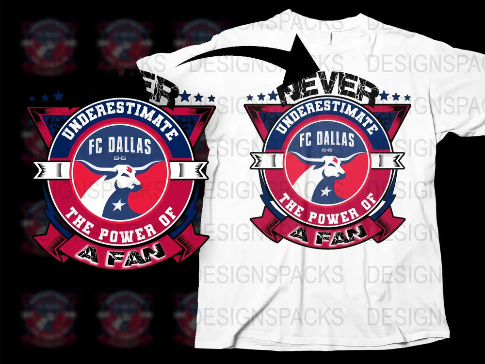 FC Dallas 96 fan design with bold red, blue, and white colors, featuring a longhorn and patriotic stars.