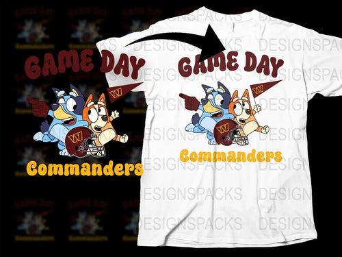 Game Day Commanders t-shirt design with cartoon dogs, helmet, and pennant for DTF/DTG printing