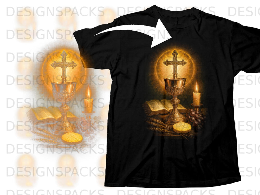 Religious t-shirt graphic with cross, chalice, Bible, candle, grapes, and wheat.