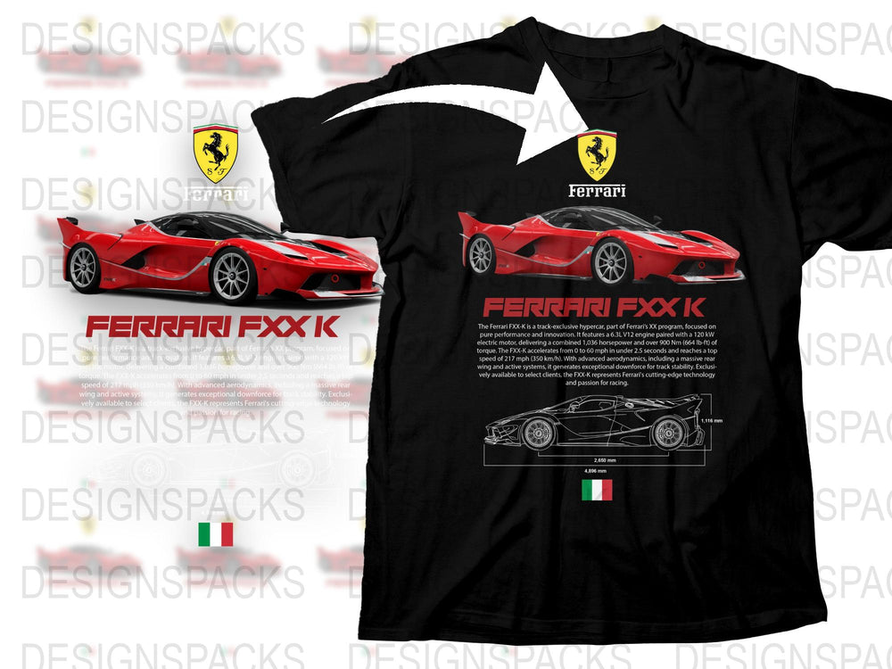 Ferrari FXX K Sports Car Graphic T-Shirt, Red Luxury Race Car Tee, High-Performance Auto Apparel