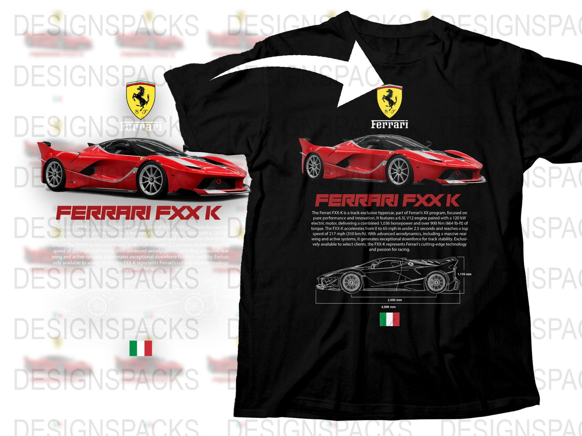 Ferrari FXX K Sports Car Graphic T-Shirt, Red Luxury Race Car Tee, High-Performance Auto Apparel