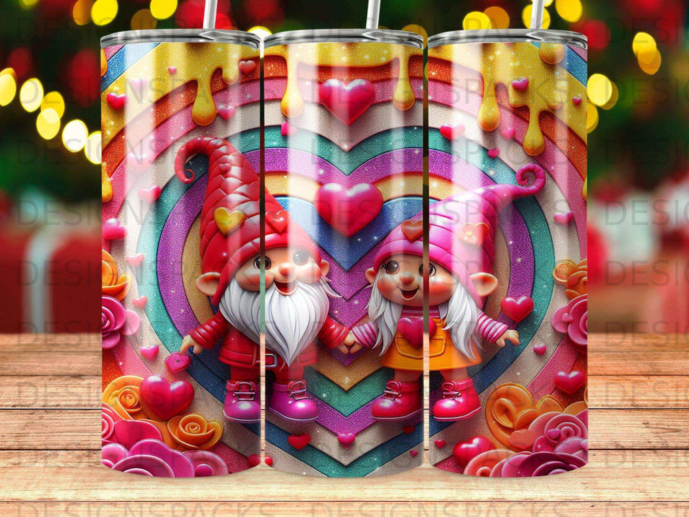 Valentine's gnomes holding hands with hearts and rainbow background.