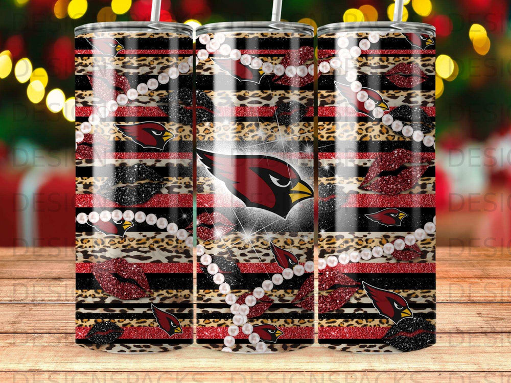 Arizona Cardinals tumbler with leopard print, lips, and pearls.