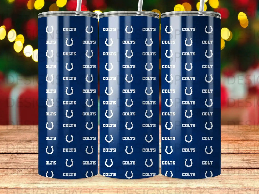Blue tumbler with repeating Indianapolis Colts logo and text pattern.