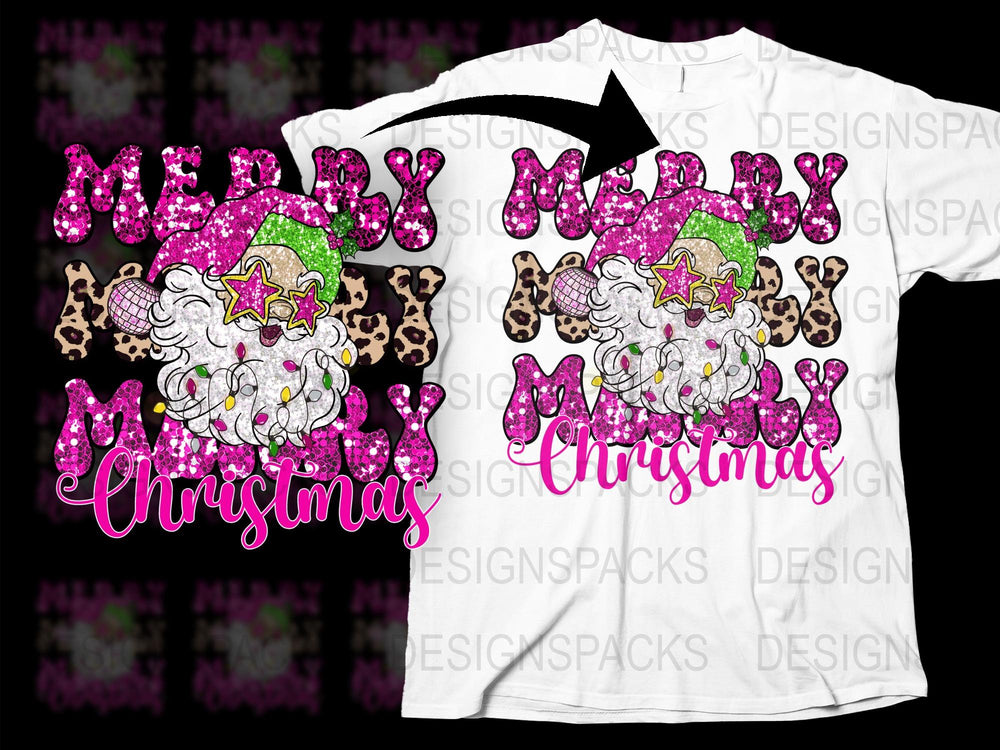 Merry Bright Christmas T-Shirt, Leopard Print Santa Hat, Sparkly Pink Holiday Tee, Festive Graphic Shirt for Women, Unique Xmas Gift