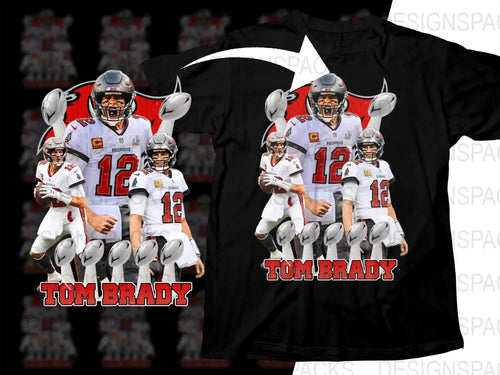 Tom Brady Buccaneers football design on black t-shirt with Super Bowl trophies