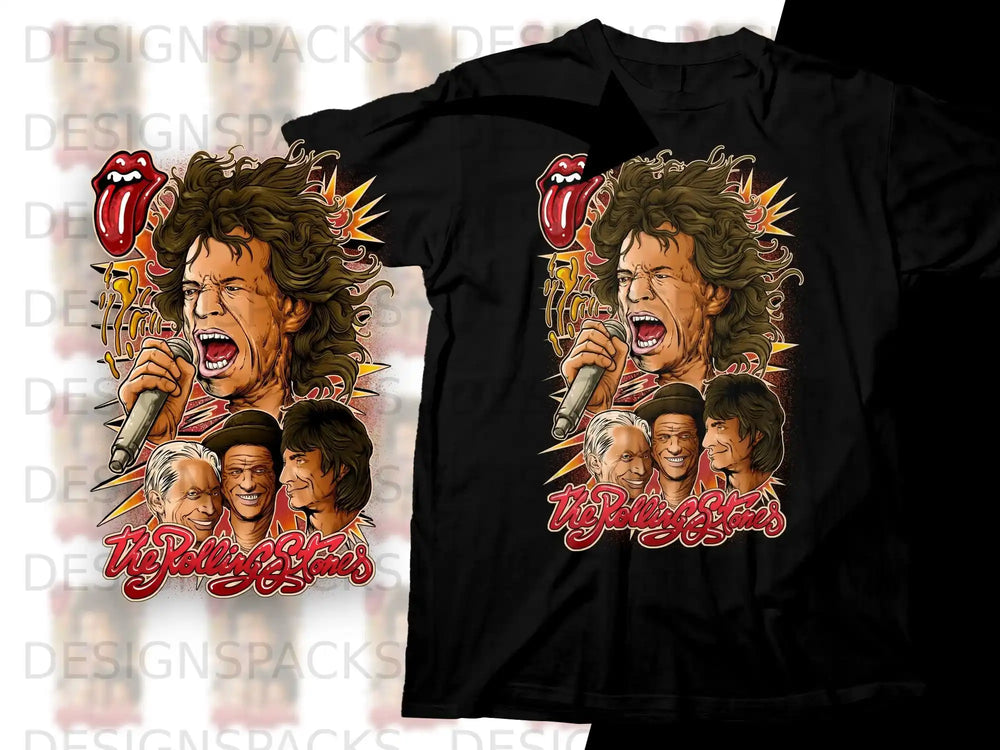 The Rolling Stones logo and band members on a black t-shirt.