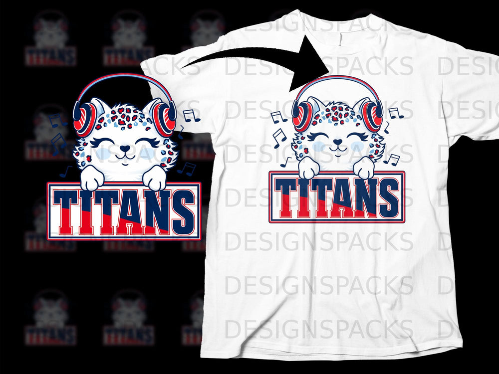 Cartoon leopard with headphones holds sign with "TITANS" text.